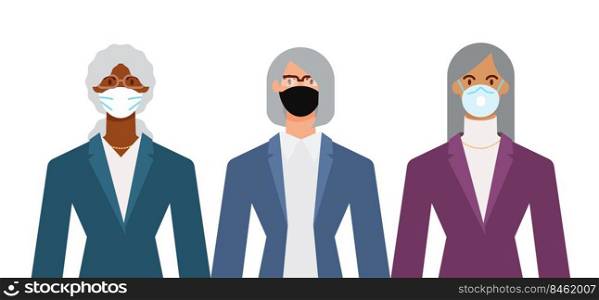 Crowd of diverse senior age business woman wearing face mask to protect themselves from the epidemic. Flat design vector illustration.. Crowd of diverse senior age business woman wearing face mask