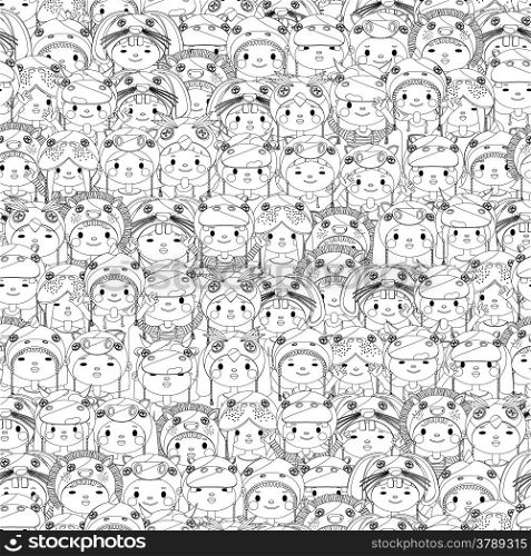 Crowd of happy children seamless pattern in black and white