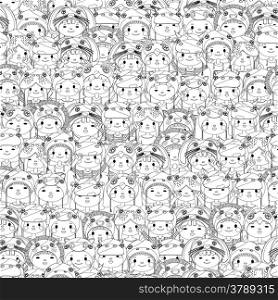 Crowd of happy children seamless pattern in black and white