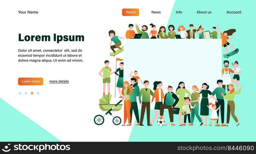 Crowd of happy people with blank placard flat vector illustration. Cartoon multicultural men and women standing together. Community, society and population concept