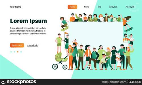 Crowd of happy people with blank placard flat vector illustration. Cartoon multicultural men and women standing together. Community, society and population concept