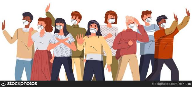 Crowd of mix race people in face medical masks protesting against world epidemic at white background. Group of characters gesturing stop signs to spreading virus. Concept of covid19. Vector banner. Crowd of mix race people in medical masks show stop gesture to world epidemy at white background