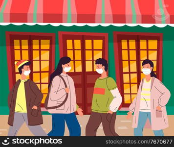 Crowd of people break rules of quarantine and self-isolation. Men and women wearing medical mask dont keep a safe distance in public place. Vector illustration of young people outdoor during pandemia. People wearing protective medical masks break rules of quarantine in public place near shopping mall