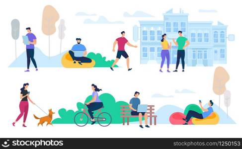 Crowd of People Performing Summer Outdoor Activities. Walking Dogs, Riding Bicycle, Communicating. Group of Male and Female Characters Isolated on White Background. Cartoon Flat Vector Illustration.. People Performing Summer City Outdoor Activities