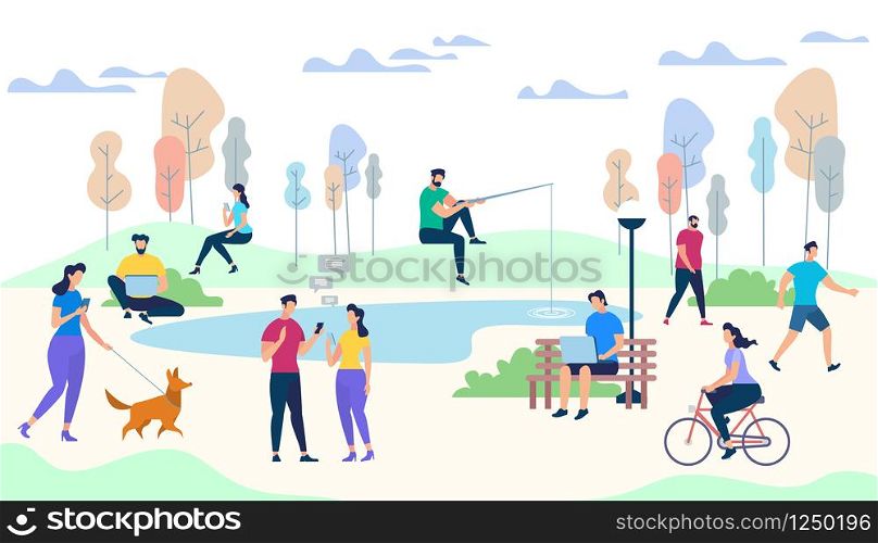 Crowd of People Performing Summer Outdoor Activities. Walking Dogs, Riding Bicycle, Fishing, Meet Friends. Male and Female Characters Lifestyle on Park Background. Cartoon Flat Vector Illustration.. Male and Female Characters Life on Park Background