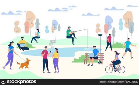 Crowd of People Performing Summer Outdoor Activities. Walking Dogs, Riding Bicycle, Fishing, Meet Friends. Male and Female Characters Lifestyle on Park Background. Cartoon Flat Vector Illustration.. Male and Female Characters Life on Park Background