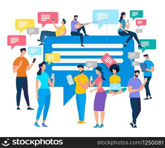 Crowd of People Stand with Smartphones Chatting and Texting with Friends. Communicating People on Huge Speech Bubble Background. Young Men and Women Using Gadgets. Cartoon Flat Vector Illustration.. Crowd of People Stand with Smartphones Chatting