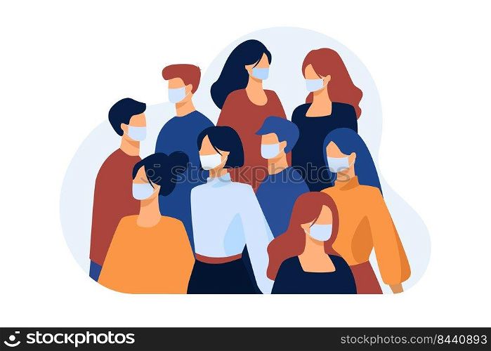 Crowd of people wearing face medical masks outside. Infection spread prevention in society. Vector illustration for coronavirus outbreak, safety, quarantine, disease concept
