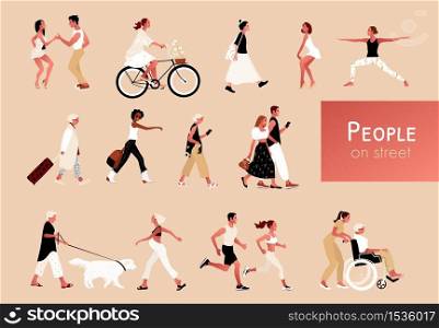 Crowd of tiny people. Young and elderly men and women, outdoor activities. Group of male and female cartoon characters walking, dancing, running, doing yoga, cycling. Flat vector illustration.