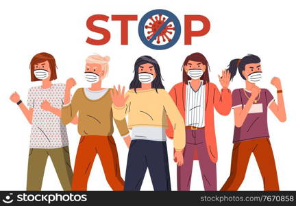 Crowd of women wearing face protective medical masks protesting against world epidemic. Group of characters call to fight with virus. Concept of covid19. Warn, crossed out sign, white background. Group of women protesting against virus, stop crossed out sign, concept of spreading coronavirus
