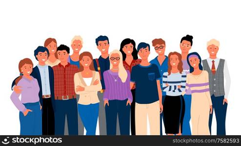 Crowd posing together, group portrait view, smiling people in casual clothes, hugging men and women. Embracing friends or relatives, meeting vector. Group Portrait View, Hugging Men and Women Vector