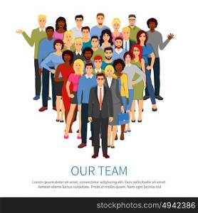 Crowd Professional People Team Flat Poster . Professional people group flat composition poster with top office business team manager and staff members vector illustration