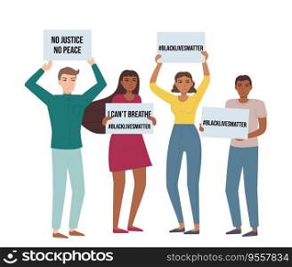 Crowd protest with posters against violence. Black lives matters, anti-racism demonstration, miting, activism, concept. Stock vector illustration in flat cartoon style isolated on white. Crowd protest with posters against violence. Black lives matters, anti-racism demonstration, miting, activism, concept. Stock vector illustration in flat cartoon style isolated on white.