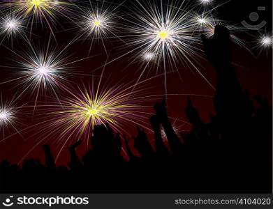 Crowd scene with fireworks display for new year