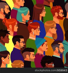 Crowd seamless pattern. Different people group, young men and women. Human heads in profile, population wallpaper vector various smiling person texture. Crowd seamless pattern. Different people group, young men and women. Human heads in profile, population wallpaper vector texture