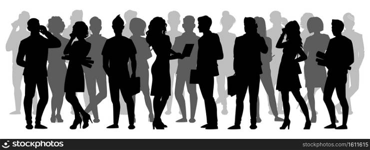 Crowd silhouette. People group shadow silhouettes, adult male and female anonymous characters. Business people silhouettes vector illustration set. Woman holding laptop, man talking on mobile phone. Crowd silhouette. People group shadow silhouettes, adult male and female anonymous characters. Business people silhouettes vector illustration set