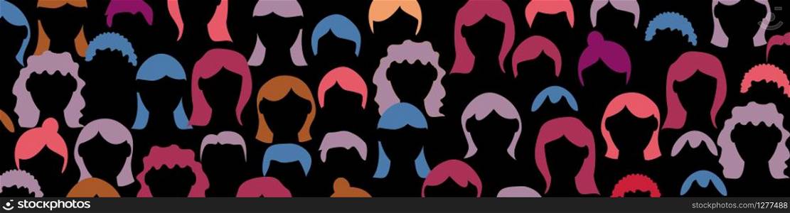 Crowd. Spectators group, people in parade or in theater. Flat style. Vector banner background. Social community pattern of diverse people group in modern style