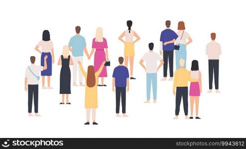 Crowd standing back view. Group of people from behind. Men and women meeting and looking. Gathering public, team or audience vector concept. Crowd woman and man, back illustration. Crowd standing back view. Group of people from behind. Men and women meeting and looking. Gathering public, team or audience vector concept