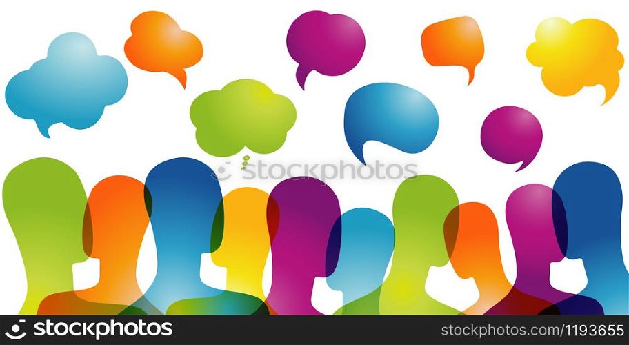 Crowd talking. Communication sharing and exchange of ideas between people.Dialogue group of many multiethnic and multicultural people. Color speech bubble. Social network. Community