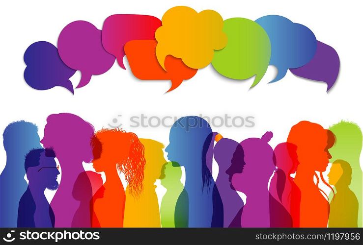 Crowd talking. Dialogue group different people different cultures. Communication between people. Silhouette profiles that speak. Rainbow colors. Speech bubble. To communicate. Interview