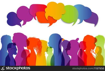Crowd talking. Dialogue group different people different cultures. Communication between people. Silhouette profiles that speak. Rainbow colors. Speech bubble. To communicate. Interview