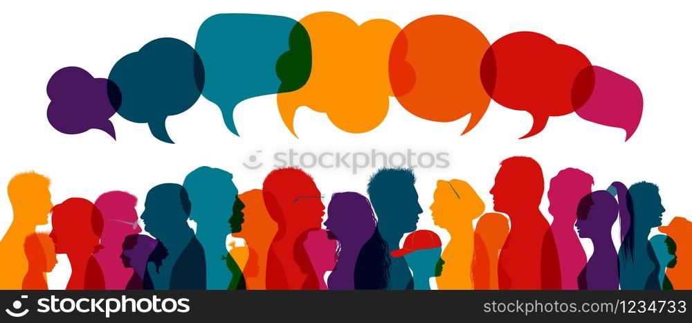 Crowd talking.Dialogue group of diverse people.Communication multiethnic people.Group of families.Sharing information and ideas.Silhouette.Speak discussion.Globalization.Speech bubble