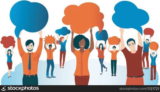 Crowd talking. Group of diverse people with speech bubble. Communication and sharing. Social network. Share ideas. Multi-ethnic people who talk and socialize and communicate. Solidarity