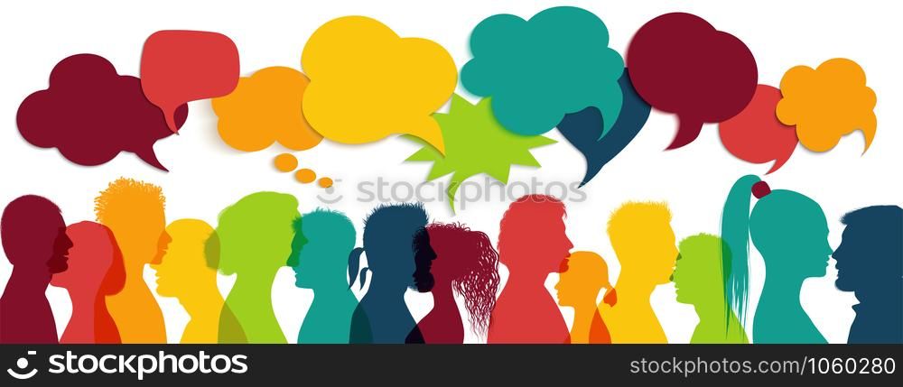 Crowd talking. Group of multi-ethnic and multicultural people who speak. Communication between multiracial people. Colored profile silhouette. Communicate social networks. Speaking. Speech bubble