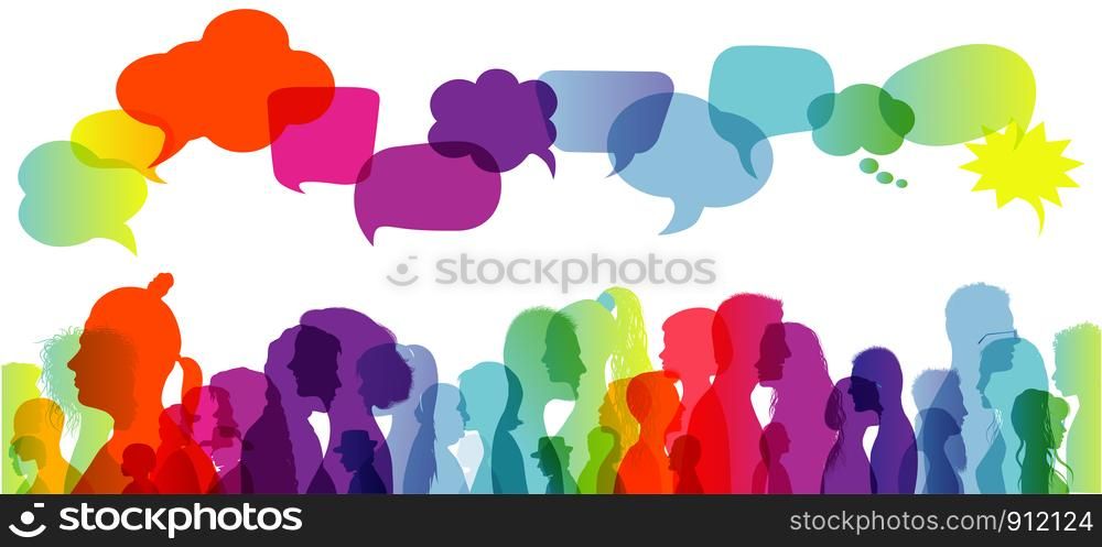 Crowd talking. Speech bubble. Dialogue group of diverse people. Communication between people. Silhouette profiles. Rainbow colours