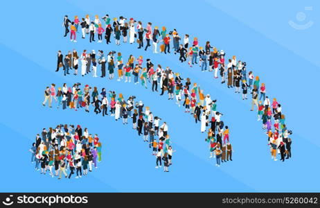 Crowd Wifi Sign Isometric Concept. Crowd including businessmen and reporters standing in form wifi sign isometric concept on blue background vector illustration