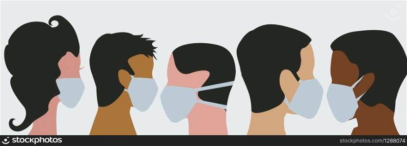 Crowd with mask for Coronavirus epidemic. Workers group. Vector banner background