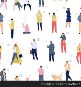 Crowd with phones seamless pattern. Walking people using smartphones and gadgets. Mobile lifestyle and communication cartoon vector concept. Man and woman with devices addiction, online life. Crowd with phones seamless pattern. Walking people using smartphones and gadgets. Mobile lifestyle and communication cartoon vector concept
