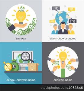 Crowdfunding 2x2 design concept with business idea finance investment and global donation icons compositions flat vector illustration . Crowdfunding 2x2 Design Concept