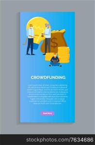Crowdfunding and hipster animals in businessman suits gather donations. Vector cartoon managers with head of tiger, koala and fox and stacks of coins, lamp. Website or web page template, landing page. Crowdfunding, Hipster Animals in Businessman Suits