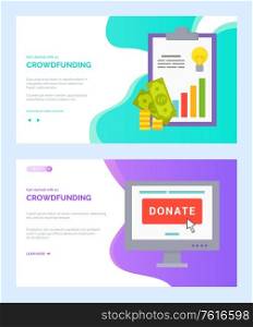 Crowdfunding app or donate screen of homepage, money report, coins and dollars, finance project and rising chart, creating online, strategy vector. Website or webpage template, landing page flat style. Donate Online and Cash Report, Crowdfunding Vector