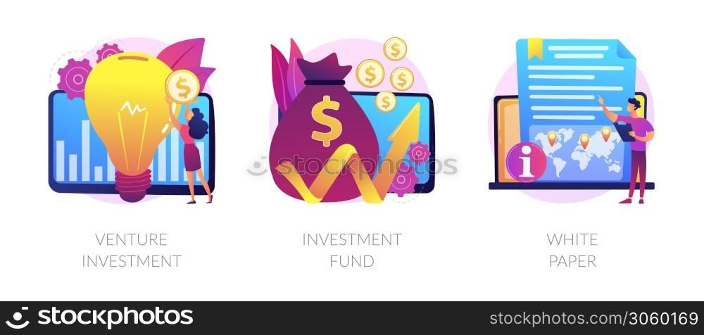 Crowdfunding campaign. Startup financing, seed funding. Creative idea generation. Venture investment, investment fund, white paper metaphors. Vector isolated concept metaphor illustrations. Investment in technologies vector concept metaphors
