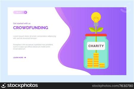 Crowdfunding charity project, money box full of coins, plant symbol of wellness. Vector donations, support and cooperation, nonprofit organization. Website or webpage template, landing page flat style. Crowdfunding charity project, money box with coins