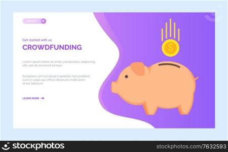 Crowdfunding charity project with piggy bank and golden coin falling. Vector donation or support in public organization, fundraising investment. Website or webpage template, landing page flat style. Crowdfunding charity project. Pig box, gold coin