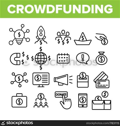 Crowdfunding, Collective Investment Vector Linear Icons Set. Crowd Funding, Startup Financing. Money Saving, Donation Outline Symbols Pack. Financial Support Isolated Contour Illustrations. Crowdfunding, Collective Investment Vector Linear Icons Set