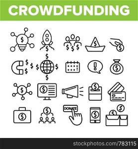 Crowdfunding, Collective Investment Vector Linear Icons Set. Crowd Funding, Startup Financing. Money Saving, Donation Outline Symbols Pack. Financial Support Isolated Contour Illustrations. Crowdfunding, Collective Investment Vector Linear Icons Set
