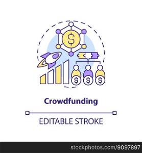 Crowdfunding concept icon. Raise money online. Tech startup financing option abstract idea thin line illustration. Isolated outline drawing. Editable stroke. Arial, Myriad Pro-Bold fonts used. Crowdfunding concept icon