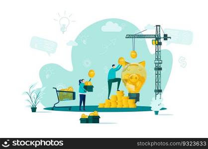 Crowdfunding concept in flat style. Sponsor investing into business startup scene. Crowdfunding platform for money donation web banner. Vector illustration with people characters in work situation.. Crowdfunding concept in flat style.