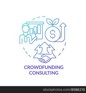 Crowdfunding consulting blue gradient concept icon. Find investors. In demand small business idea abstract idea thin line illustration. Isolated outline drawing. Myriad Pro-Bold font used . Crowdfunding consulting blue gradient concept icon