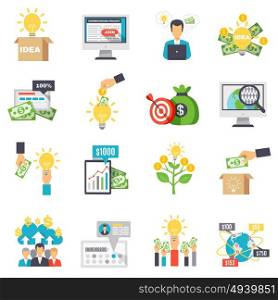 Crowdfunding Decorative Icons Set . Crowdfunding decorative icons set with business idea sponsors groups box for donations isolated signs flat vector illustration