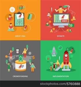 Crowdfunding design concept set with great idea donate implementation flat icons isolated vector illustration