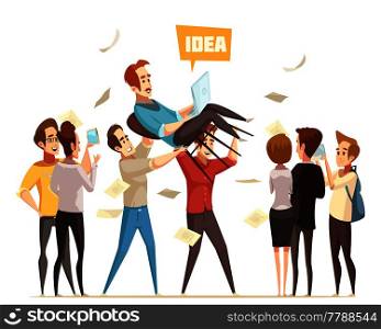Crowdfunding flat design concept with happy cartoon characters celebrating successful financing of business idea vector illustration. Crowdfunding Design Concept