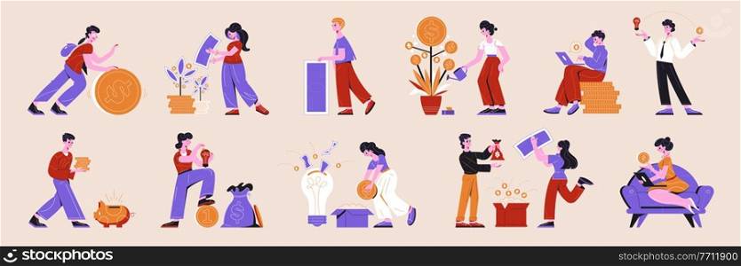 Crowdfunding flat horizontal icons set with people watering money tree rolling coins saving banknotes vector illustration. Crowdfunding Flat Set