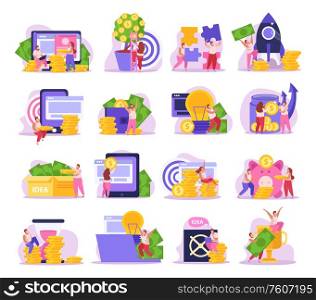 Crowdfunding flat icons set with people collecting money isolated vector illustration
