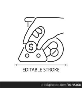 Crowdfunding for medical trials linear icon. Raising research funds. Health financing. Thin line customizable illustration. Contour symbol. Vector isolated outline drawing. Editable stroke. Crowdfunding for medical trials linear icon