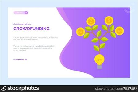 Crowdfunding homepage decorated by symbol of cash, money tree with coins, plant with leaves and currency, finance project online, payment vector. Website or webpage template, landing page flat style. Money Tree with Coins, Currency Plant Web Vector